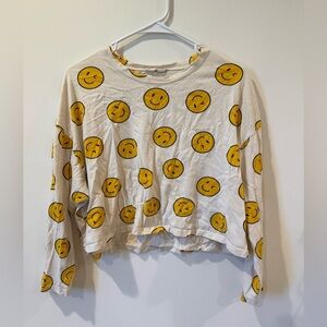 Altar'd State Cream Long Sleeve Tee with Yellow Smiley Faces